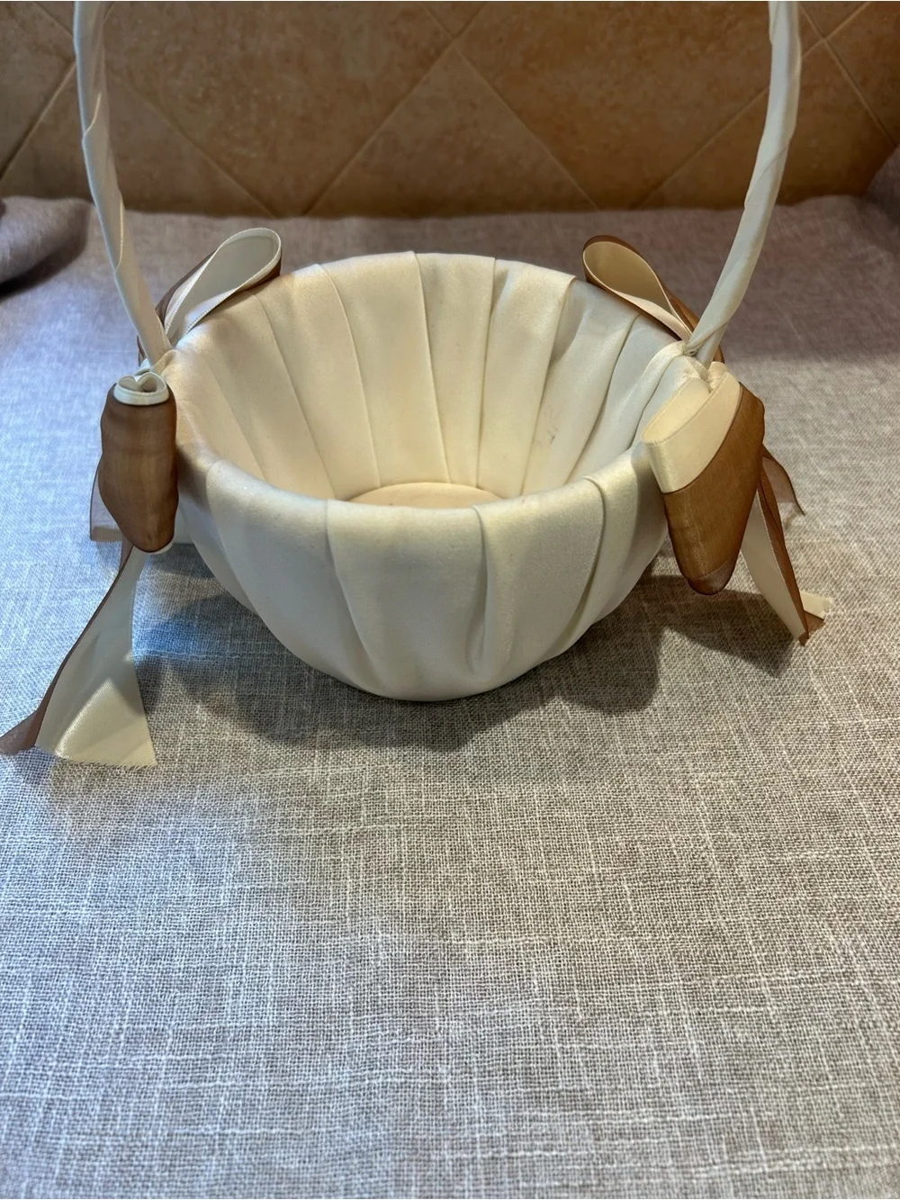 Ivory and Gold Ribbon Flower Girl Basket - Elegant Home Accent